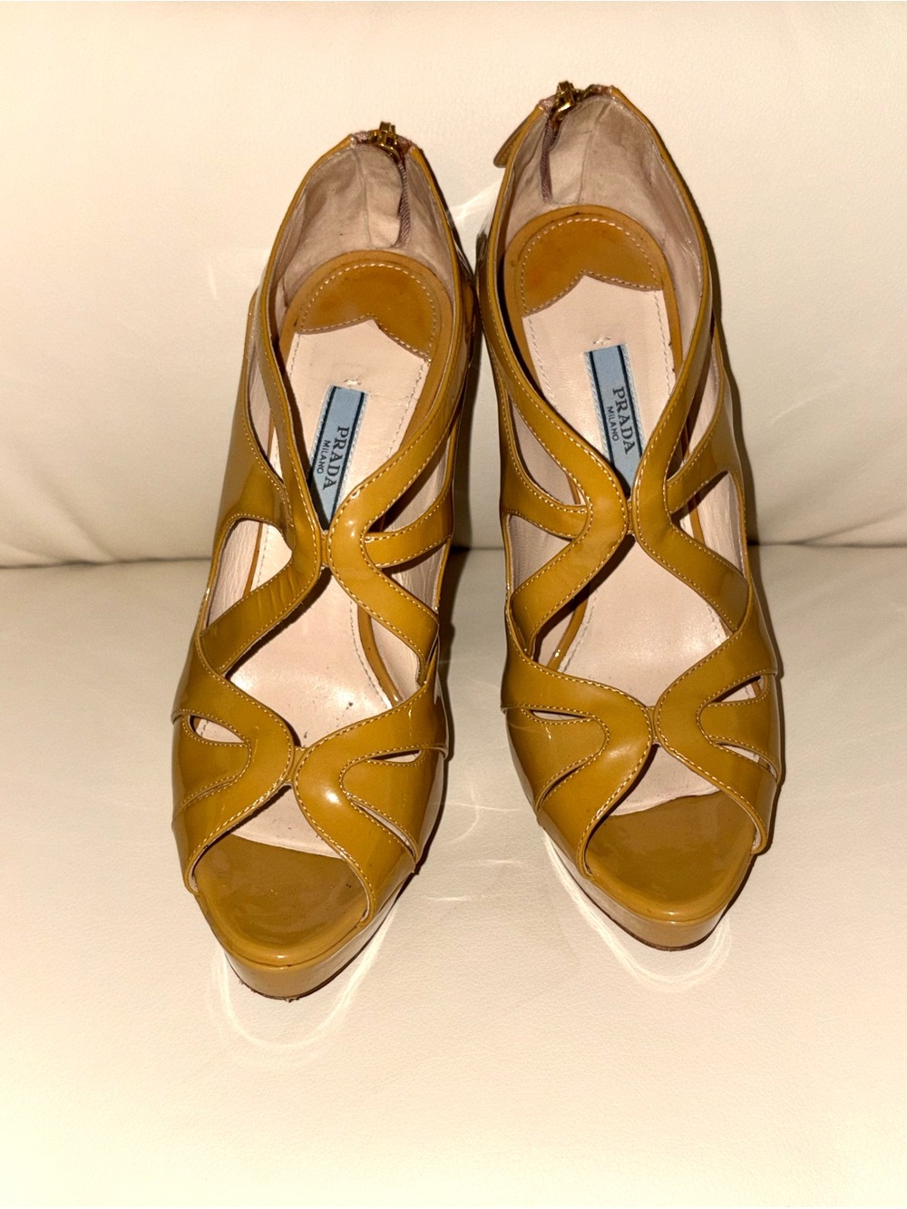 Prada Mustard Yellow Leather Cutout Platform Sandals